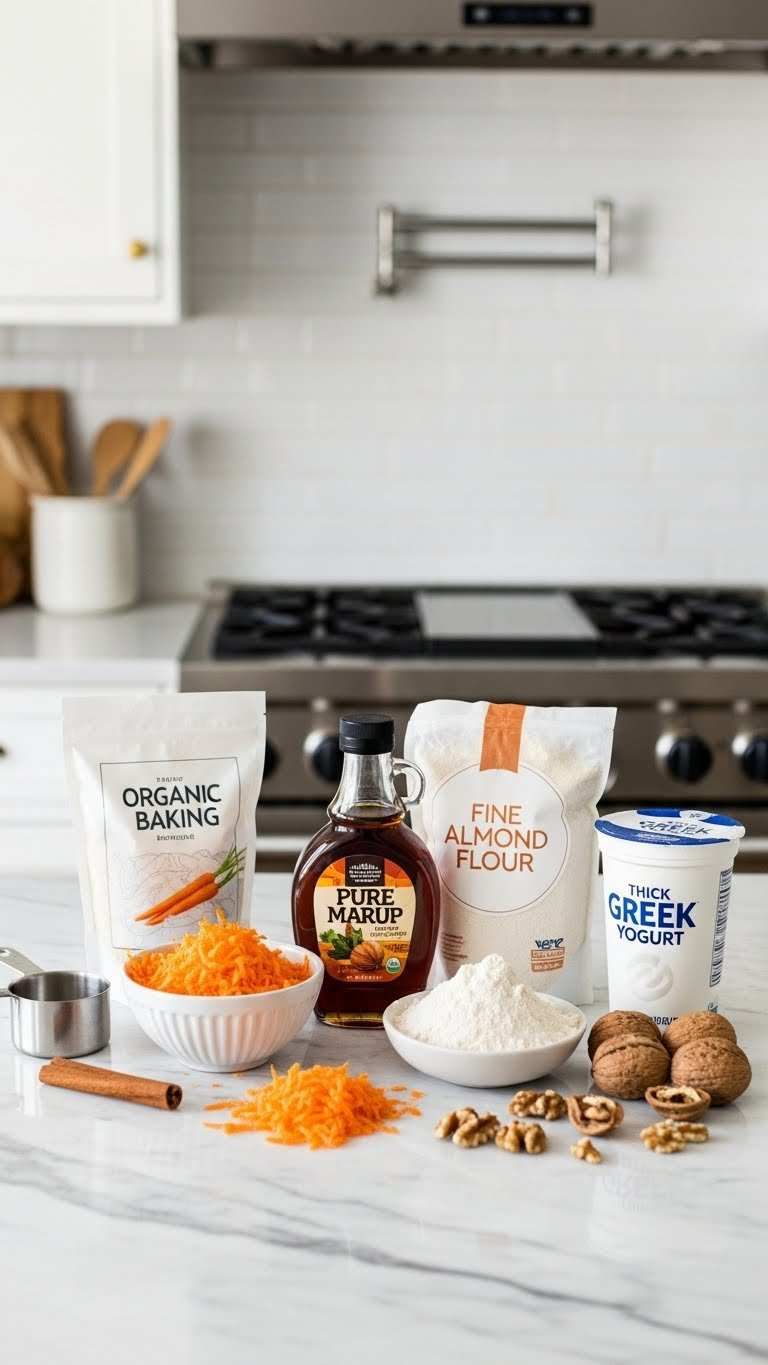 Top-Down Flat Lay Of Organic Carrot Cake Ingredients Including Shredded Carrots, Maple Syrup, Almond Flour, And Greek Yogurt On Marble Counter