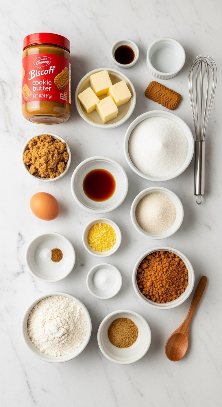 Top-Down Flat Lay Of Organized Biscoff Cookie Baking Ingredients On A Marble Countertop With Warm Golden Tones.