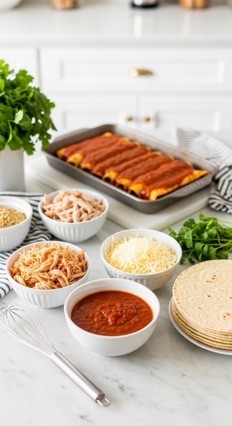 Top-Down Flat Lay Of Organized Enchilada Mise En Place With Chicken, Cheese, Sauce, And Tortillas On Marble.