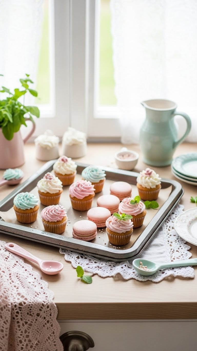Top-Down Flat Lay Of Pastel Mini Cupcakes And Delicate Macarons Arranged On Vintage Baking Sheet With Soft Bokeh Background