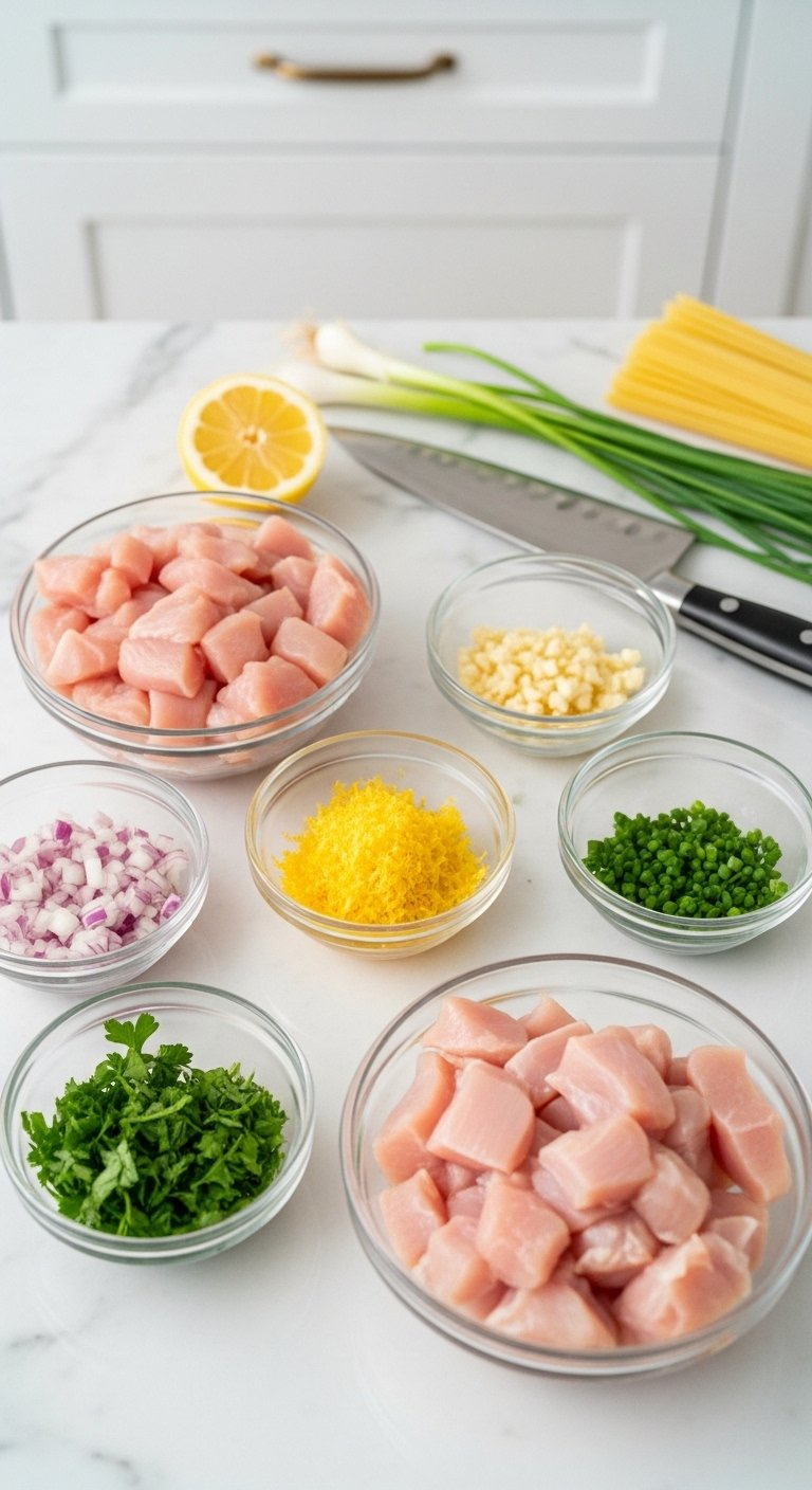 Top-Down Flat Lay Of Prepared Ingredients Including Raw Chicken, Garlic, Shallots, And Lemon Zest On A White Marble Countertop.