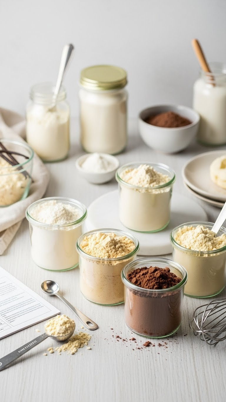 Top-Down Flat Lay Of Protein Powders In Glass Jars With Measuring Spoon On Light Wood Surface For Healthy Baking Ingredients