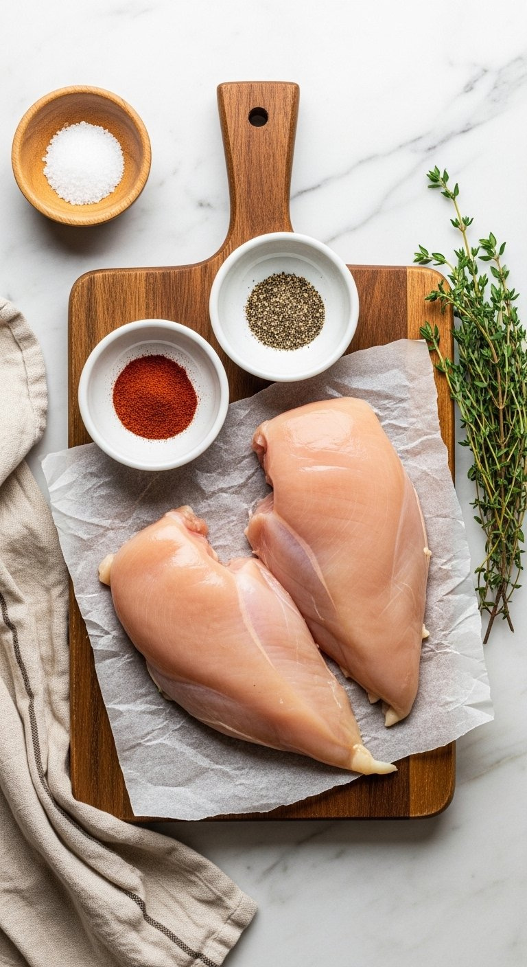 Top-Down Flat Lay Of Raw Boneless Chicken Breasts And Seasoning Spices On A Wooden Cutting Board.