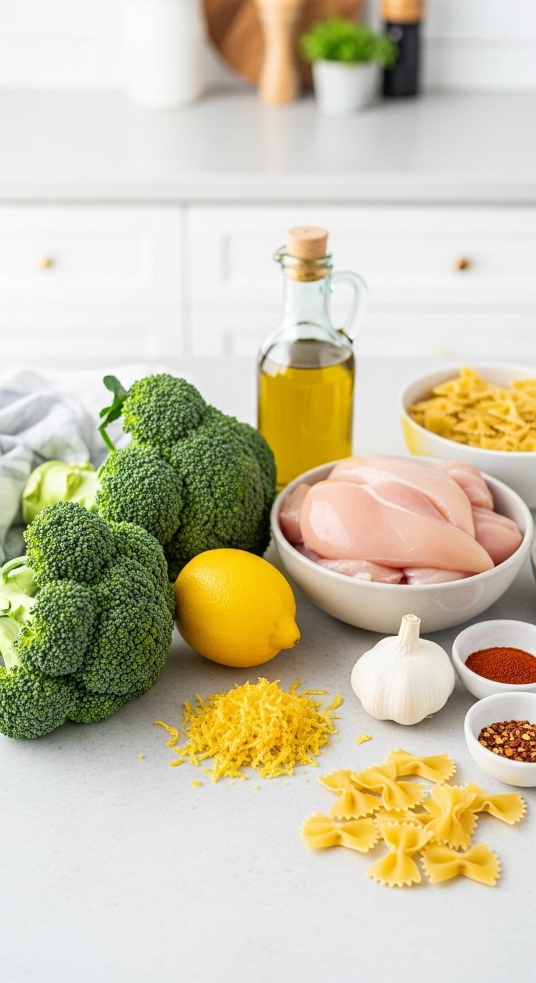 Top-Down Flat Lay Of Raw Chicken Breast, Broccoli Florets, Lemon, Garlic, And Bowtie Pasta On A Light Countertop.