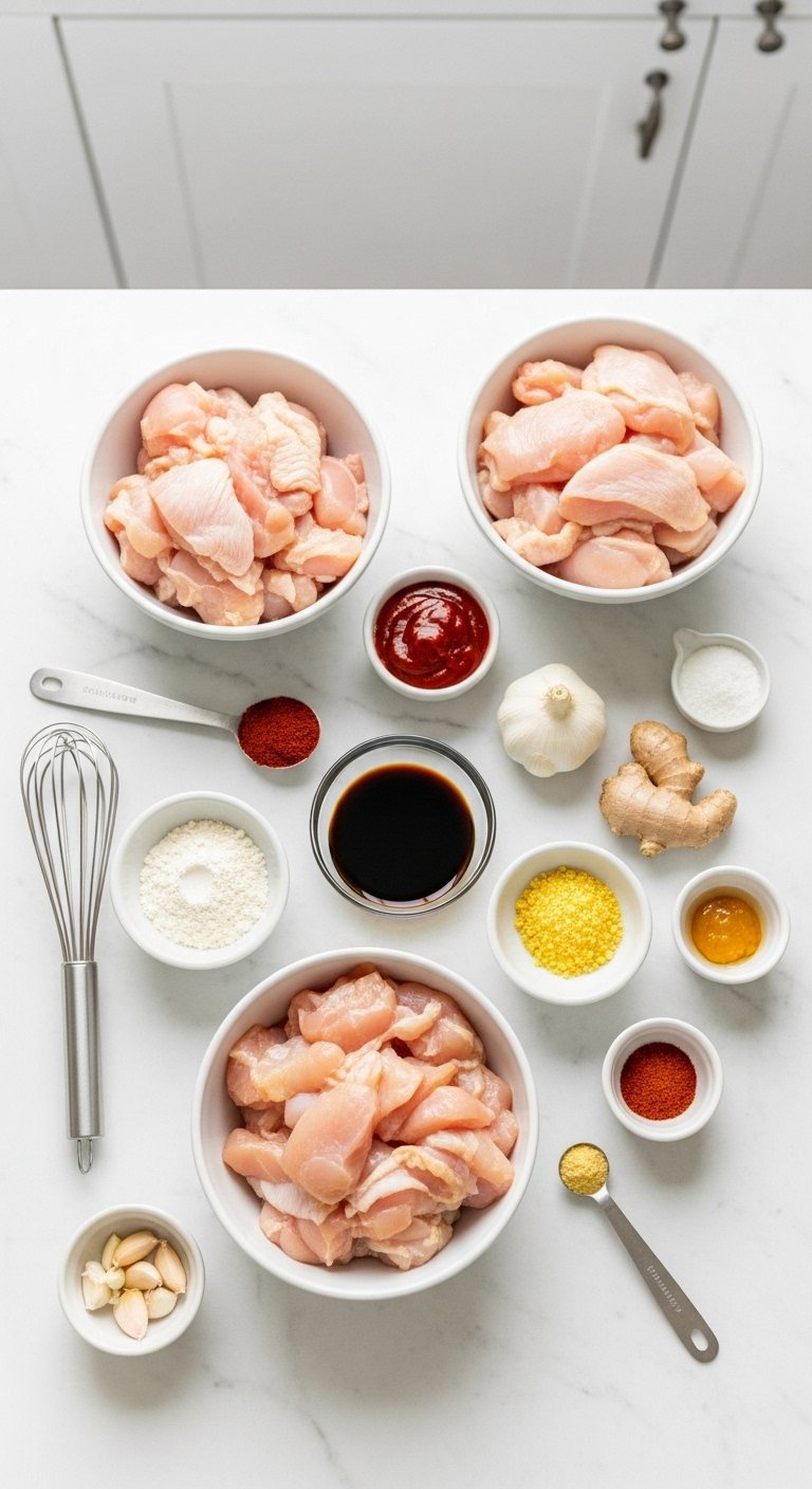 Top-Down Flat Lay Of Raw Chicken Pieces And Gochujang Ingredients Arranged On A Marble Countertop.