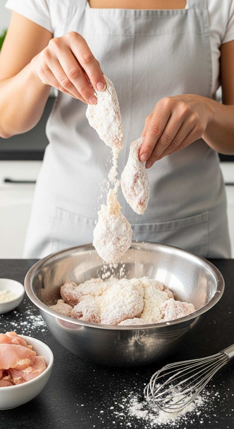 Top-Down Flat Lay Of Raw Chicken Pieces Dredged In White Potato Starch Coating In A Stainless Steel Bowl On Dark Slate.