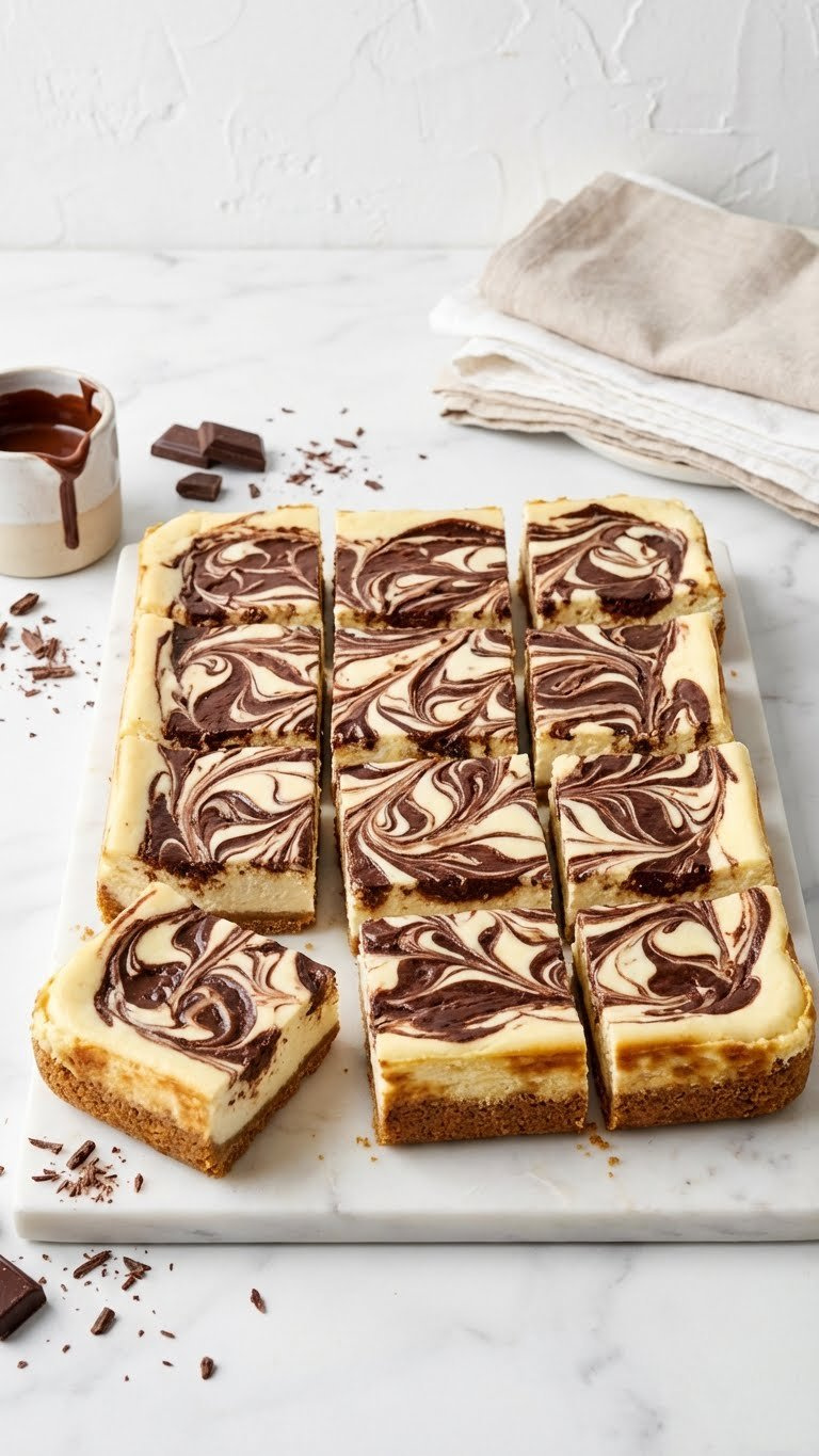 Top-Down Flat Lay Of Rich Chocolate Swirl Cheesecake Bars With Distinct Swirls, Creamy Base, And Graham Cracker Crust On A Marble Countertop.