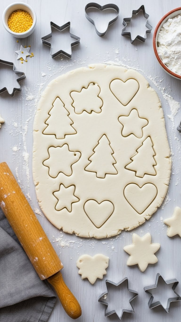 Top-Down Flat Lay Of Rolled Baking Soda Dough With Festive Cookie Cutters Creating Ornament Shapes On Light Surface