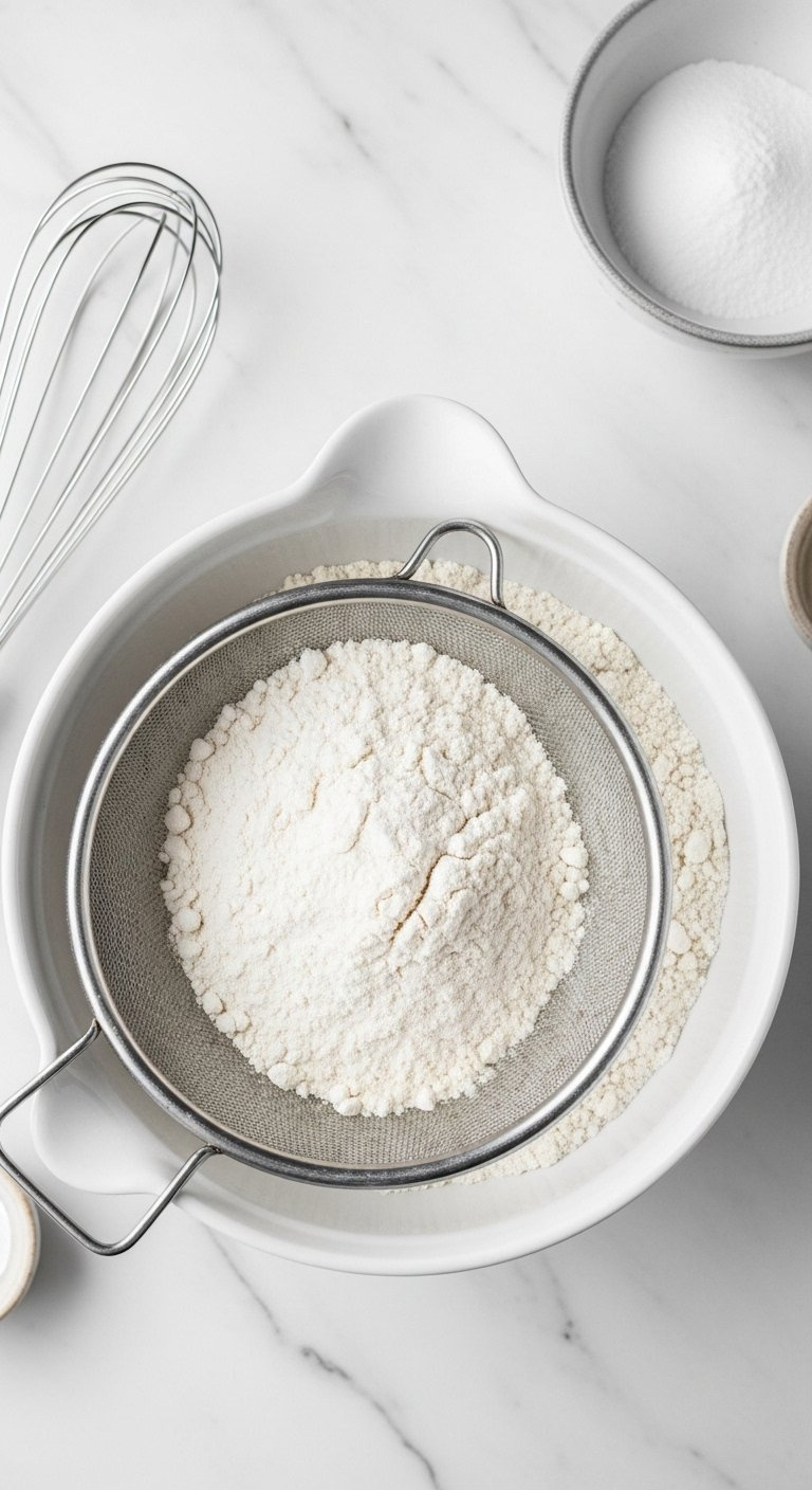 Top-Down Flat Lay Of Sifted Flour And Baking Powder Mixture In A Large Mixing Bowl On Marble.