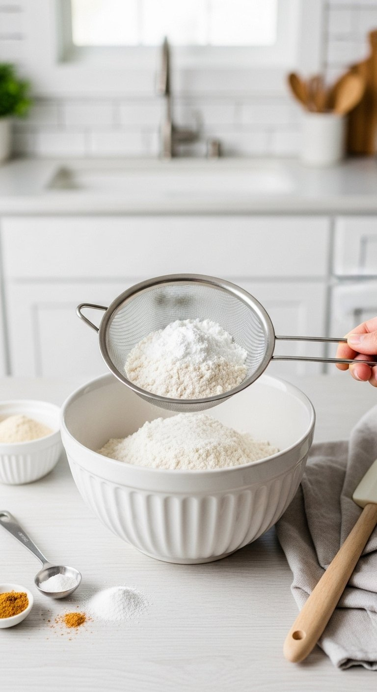 Top-Down Flat Lay Of Sifting Cake Flour And Baking Powder Into A White Ceramic Mixing Bowl.