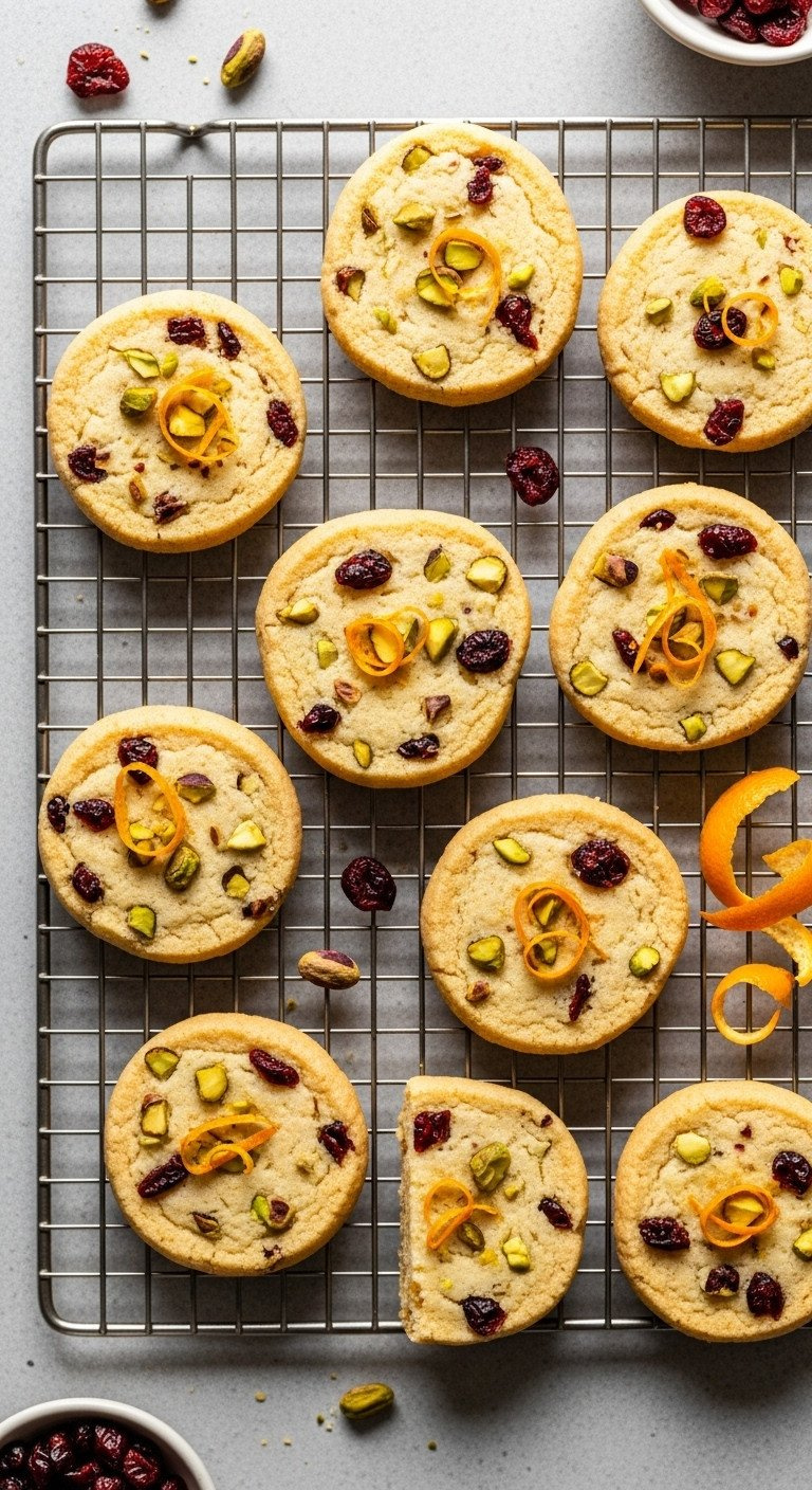 Top-Down Flat Lay Of Sliced Cranberry Orange Pistachio Shortbread Cookies On A Cooling Rack Over A Gray Stone Surface.