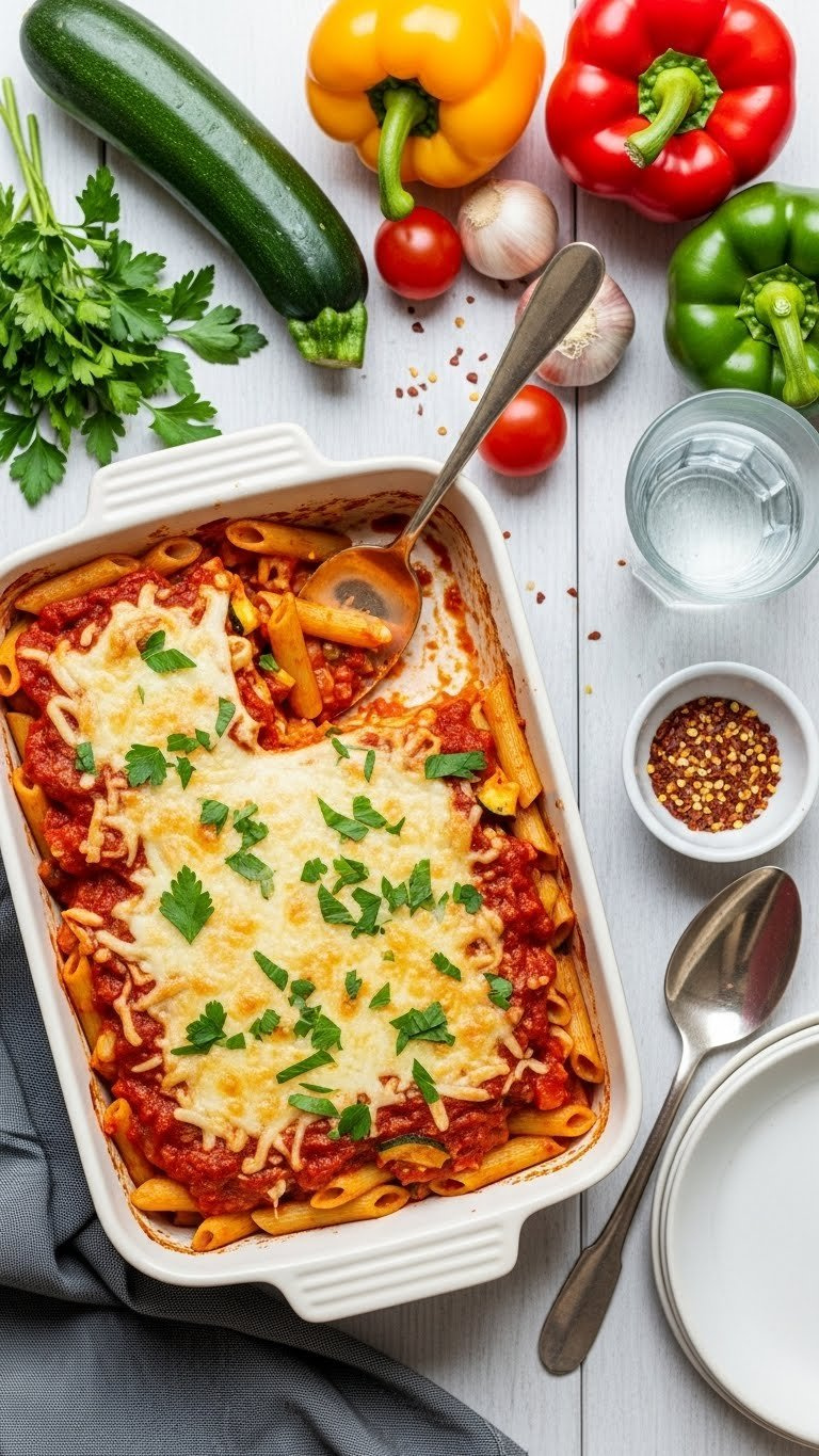 Top-Down Flat Lay Of Speedy Vegetarian Marinara Pasta Bake With Colorful Vegetables And Golden Cheese Crust On White Ceramic.