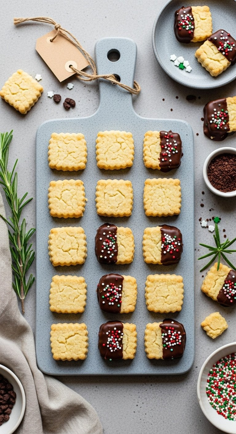 Top-Down Flat Lay Of Square Shortbread Bites On A Slate Board, Some Plain And Some Dipped In Chocolate With Sprinkles.