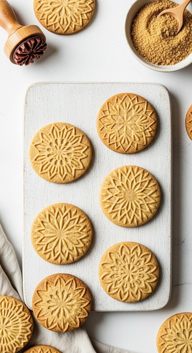 Top-Down Flat Lay Of Stamped Brown Sugar Cookies Showing Intricate Embossed Patterns On A Rustic Light Wood Board.