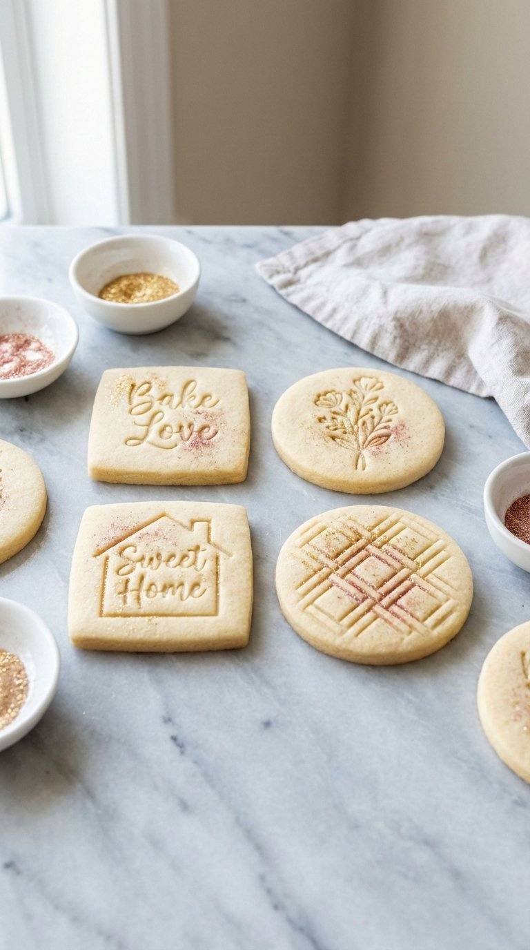 Top-Down Flat Lay Of Stamped Sugar Cookies With Clear Debossed Messages And Patterns Dusted With Edible Glitter On Marble Surface