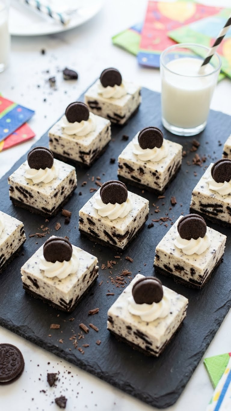 Top-Down Flat Lay Of Tempting Oreo Cheesecake Bites With Crushed Oreo Crust, Creamy Filling, And A Mini Oreo On A Dark Slate Board.