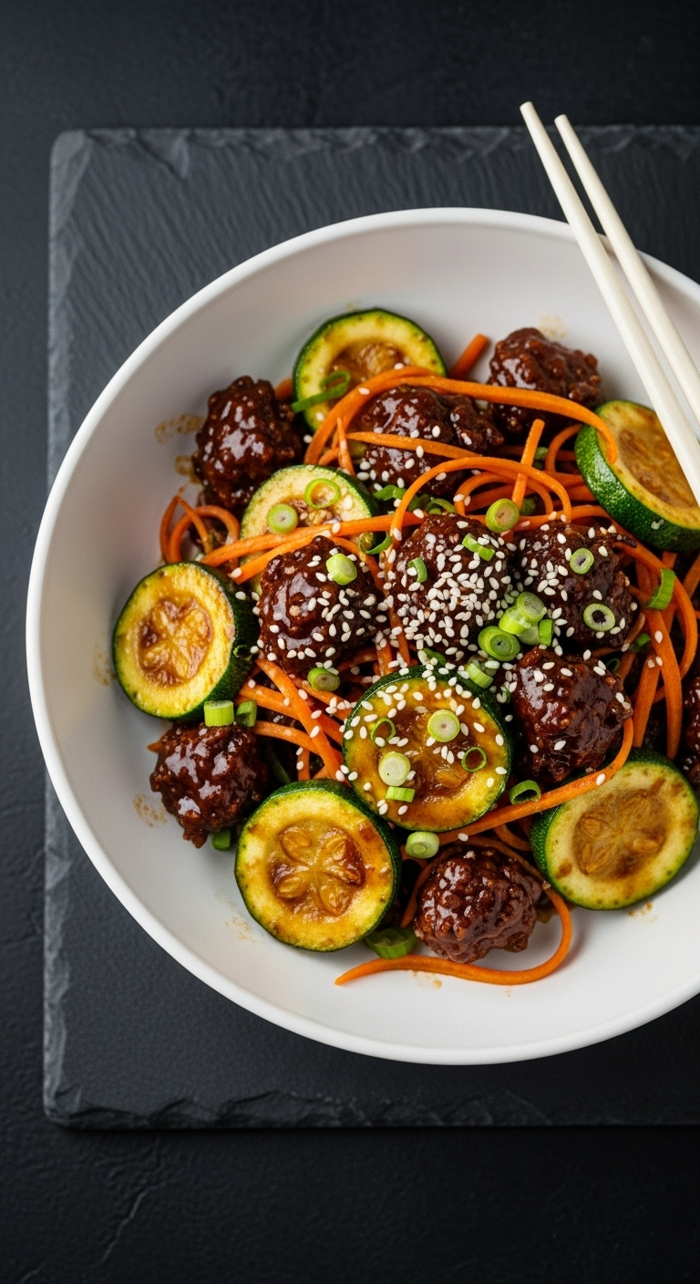 Top Down Flat Lay Of Teriyaki Ground Beef And Zucchini Stir Fry With Carrots Sesame Seeds And Green Onions In White Bowl With Chopsticks