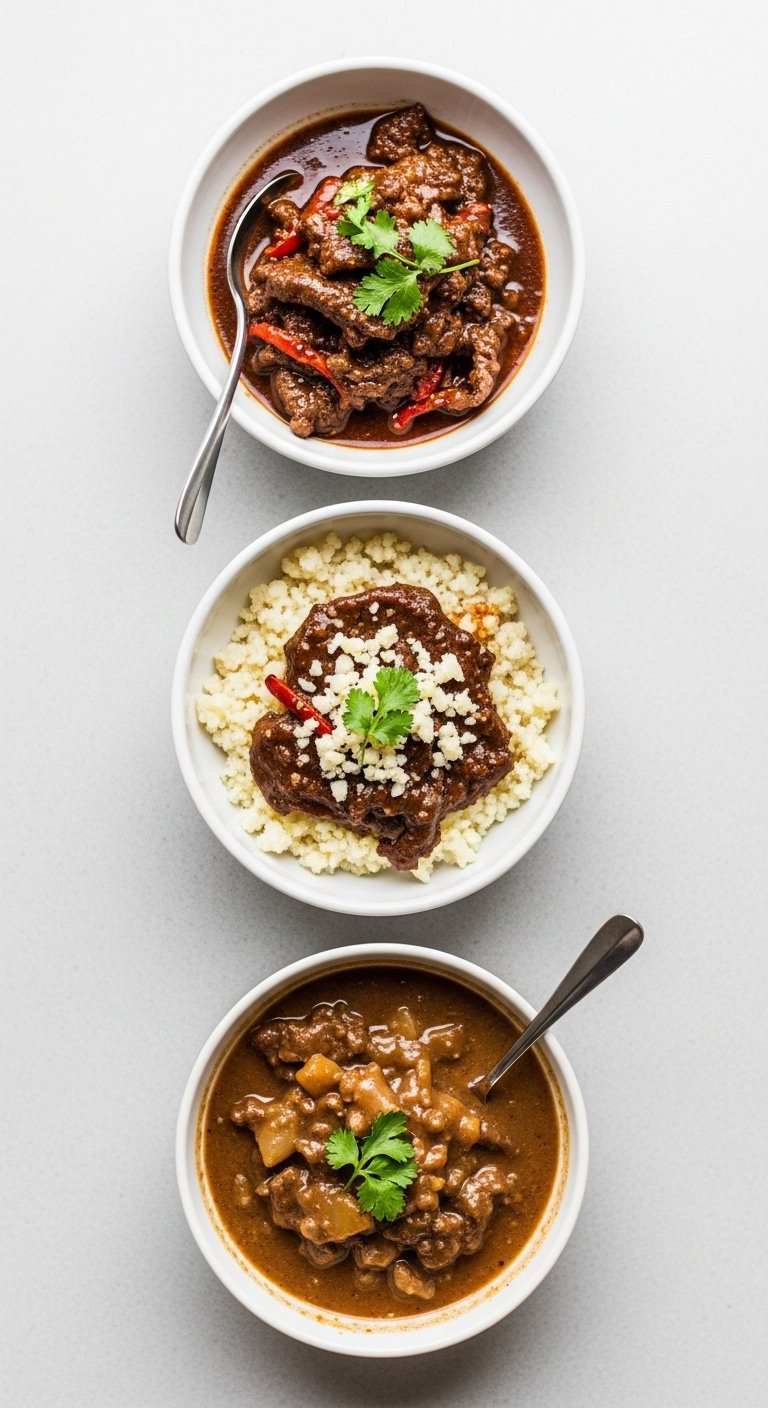 Top-Down Flat Lay Of Three White Bowls Containing Classic, Keto, And Slow Cooker Variations Of Pepper Steak.