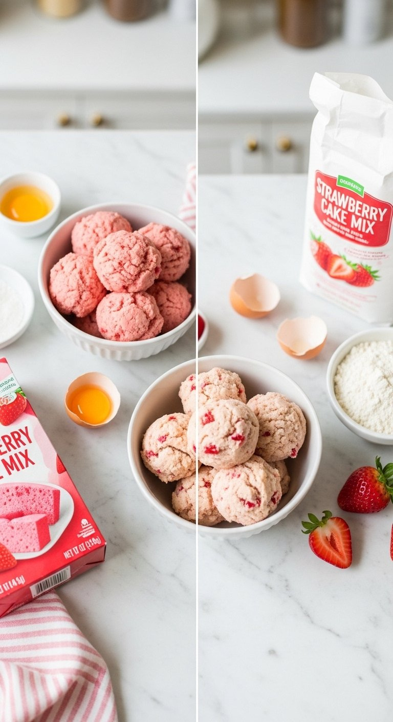 Top-Down Flat Lay Of Two Bowls Of Pink Strawberry Cookie Dough On A White Marble Countertop With Baking Ingredients.