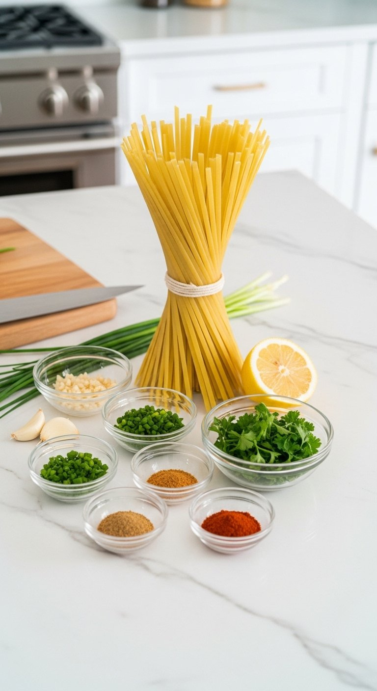 Top-Down Flat Lay Of Uncooked Linguine And Fresh Ingredients Like Garlic And Herbs On A White Marble Countertop.