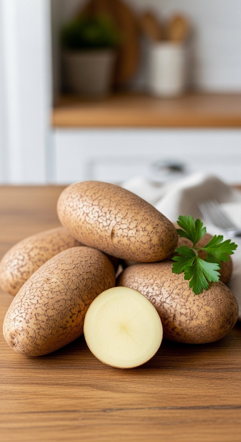 Top-Down Flat Lay Of Unwashed Russet Potatoes With Sliced Halves On A Rustic Wooden Kitchen Counter.