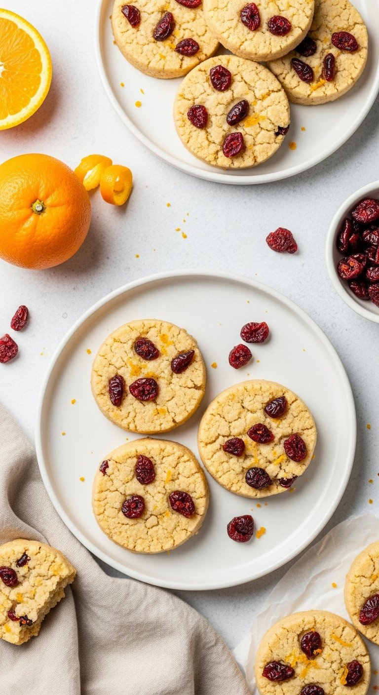 Top-Down Flat Lay Of Vegan Cranberry Orange Shortbread Cookies On A White Plate, With Fresh Orange Zest And Cranberries.