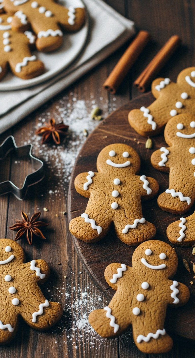 Top-Down Flat Lay Of Vegan Gingerbread Cookies With White Icing On A Rustic Wood Surface Next To Cinnamon And Star Anise.