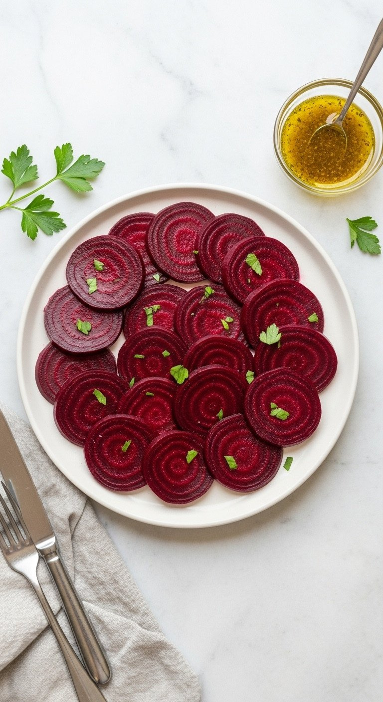 Top-Down Flat Lay Of Vibrant Boiled Beet Slices Arranged On A White Plate With Parsley And A Side Of Vinaigrette.