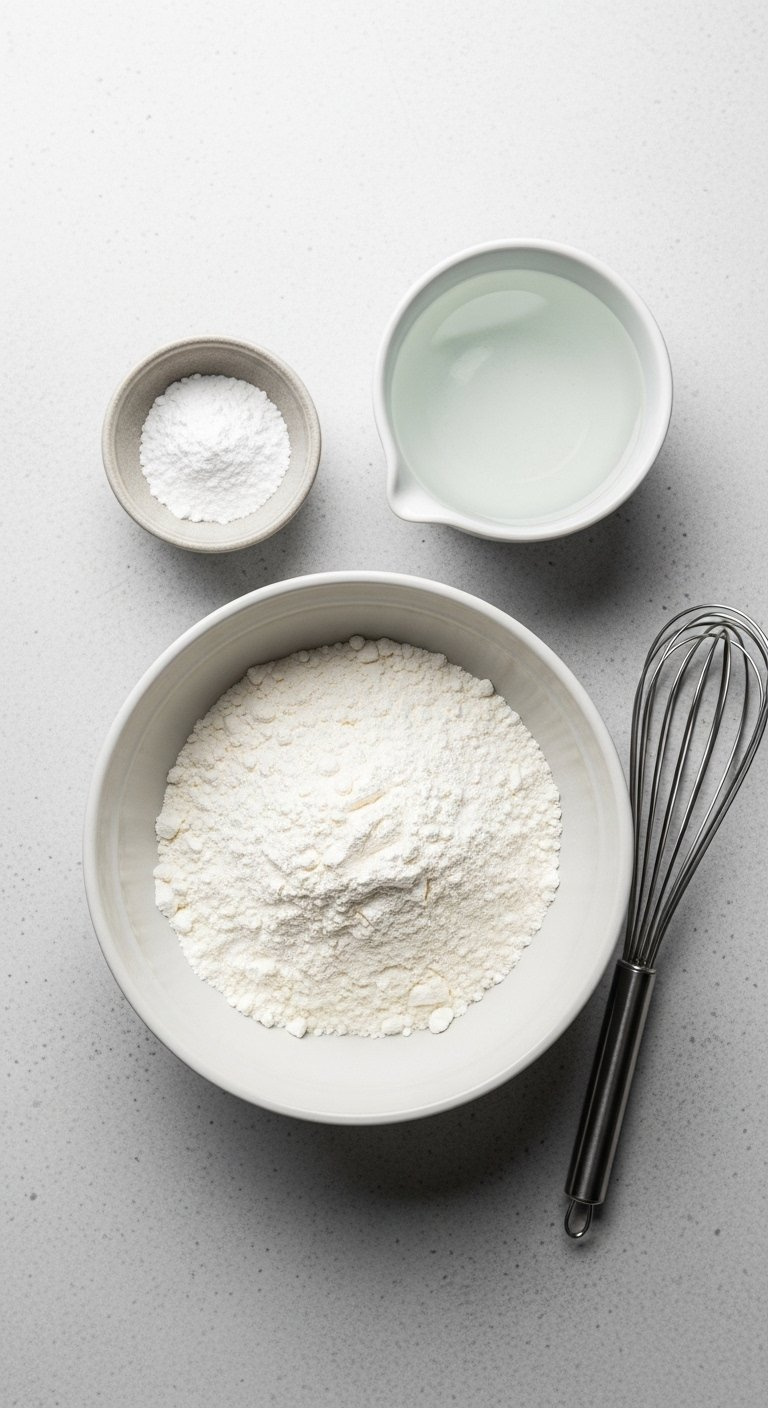 Top-Down Flat Lay Of White Potato Starch Batter Ingredients In Bowls With A Wire Whisk On A Concrete Counter.