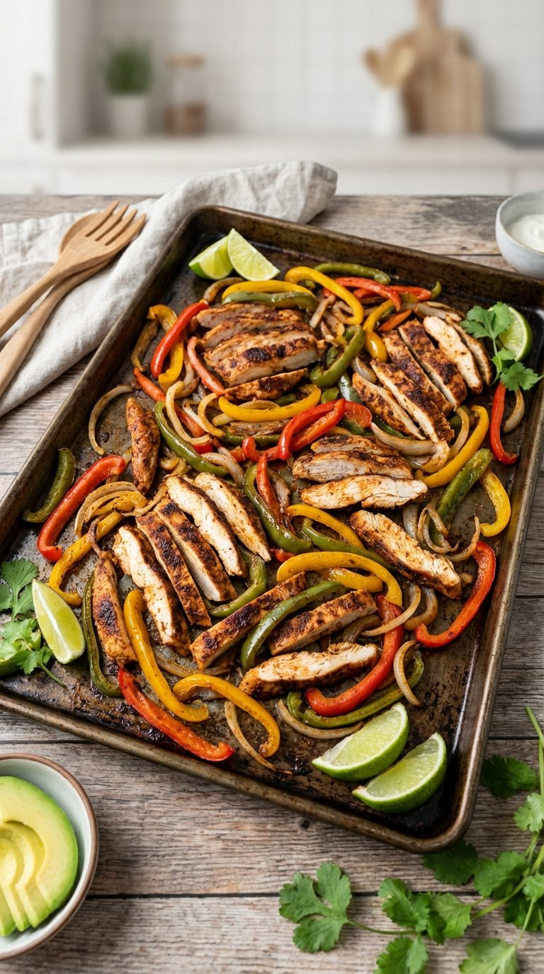 Top-Down Flat Lay Of Zesty Chicken Fajita Tray Bake With Colorful Bell Peppers On Dark Baking Sheet