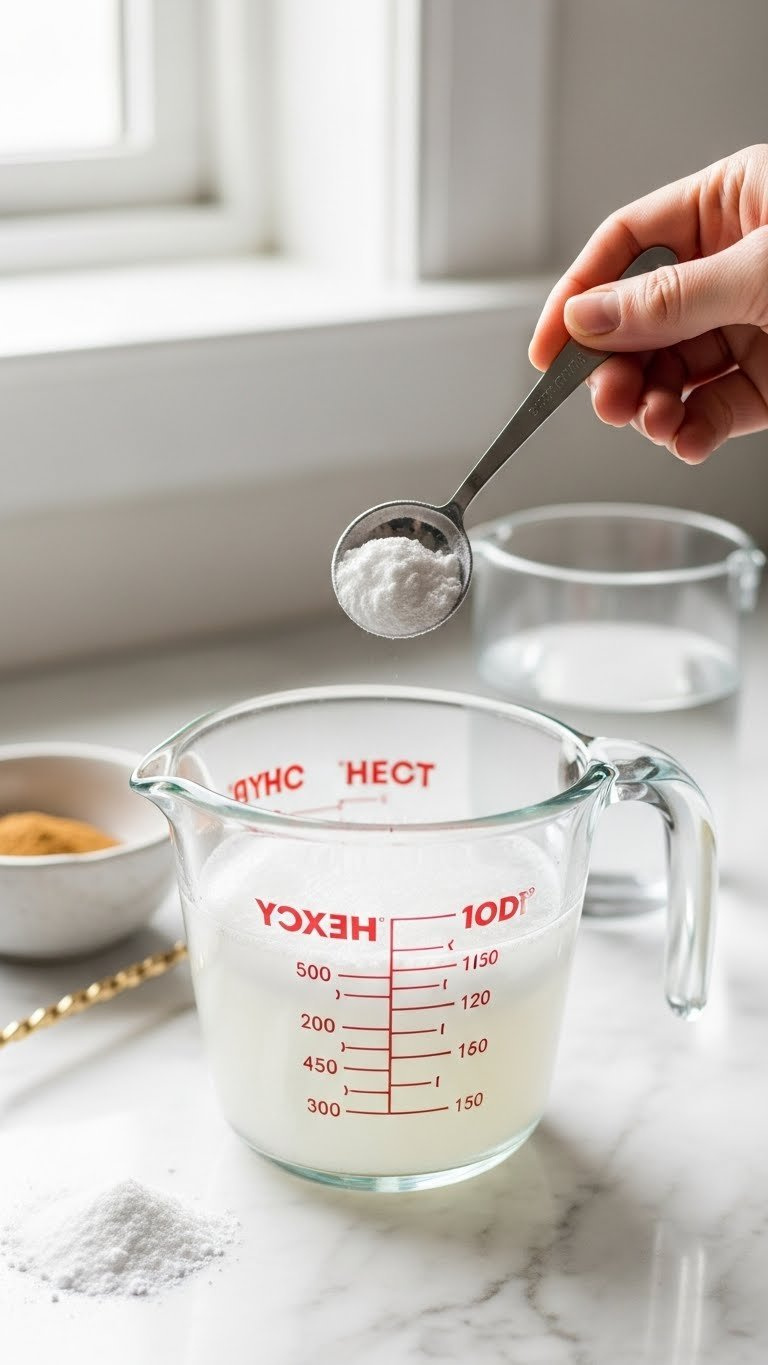 Top-Down Flat Lay Photo Of Clear Glass Measuring Cup With Baking Soda Solution And Measuring Spoon On Marble Countertop