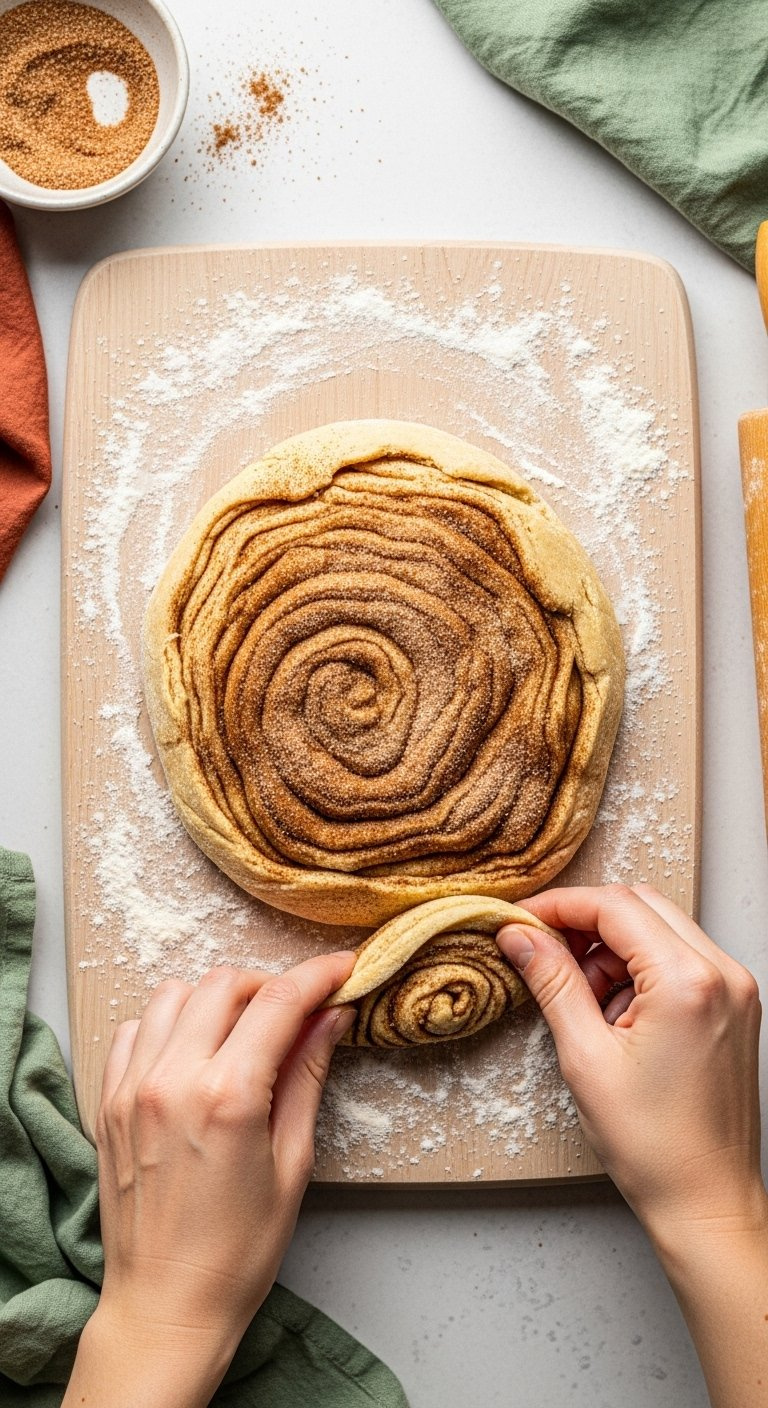 Top-Down Hands Folding Cinnamon Sugar Mixture Into Cookie Dough On Wooden Board.