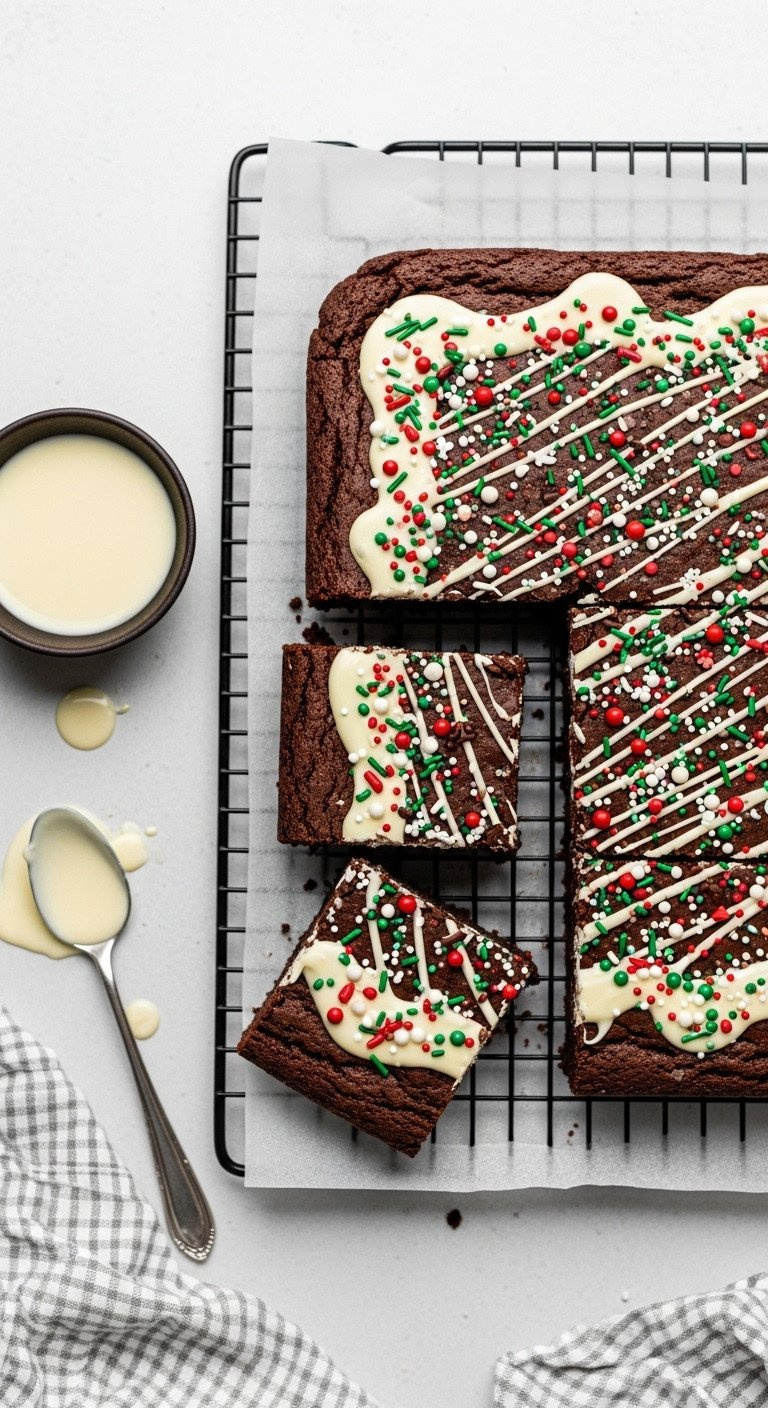 Top-Down Of A Holiday Brownie Slab With White Chocolate Drizzle And Festive Sprinkles On A Black Cooling Rack.