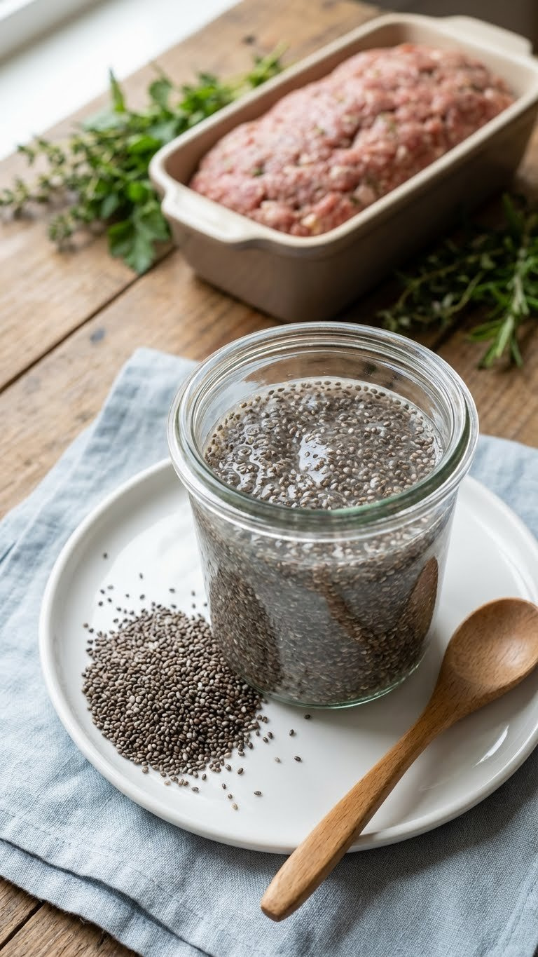 Top-Down Of Chia Seed Gel In A Clear Glass Jar, With Dry Seeds, Spoon, And Meatloaf Ingredients. Monochromatic Blues And Whites.