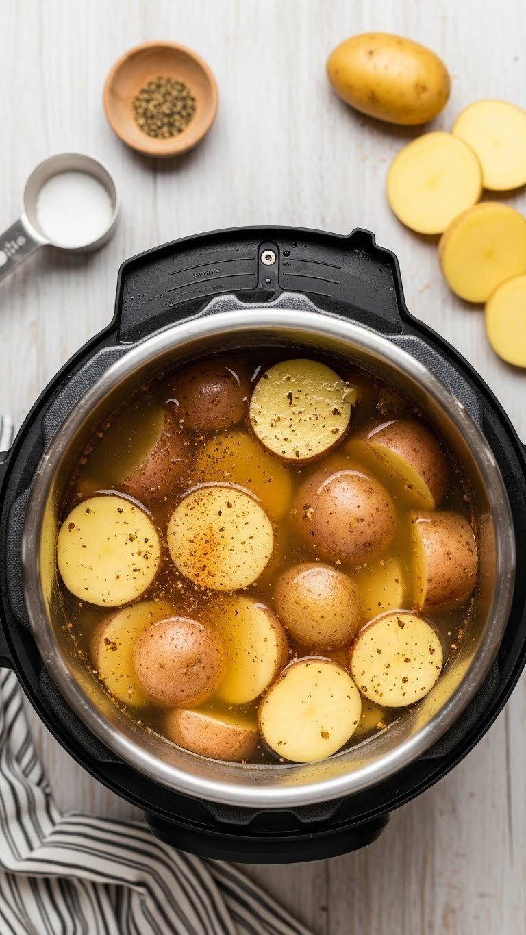 Top-Down Of Sliced Yukon Gold Potatoes In Chicken Broth Within An Instant Pot, With Salt, Pepper, And A Measuring Cup.