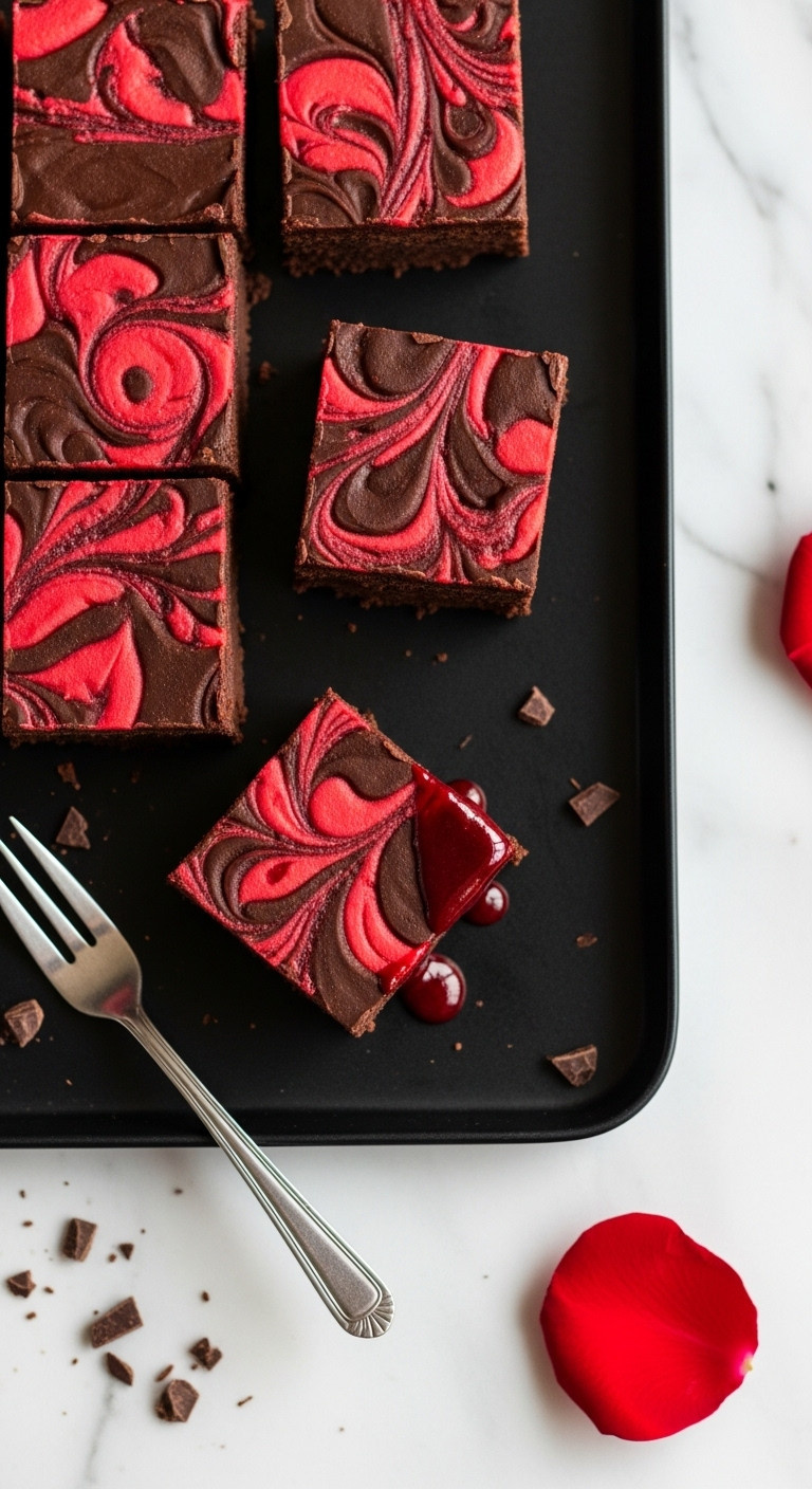 Top-Down Of Spooky Swirl Vampire Fudge Squares With Red Swirls &Amp; Drips On A Black Tray, White Marble Counter.