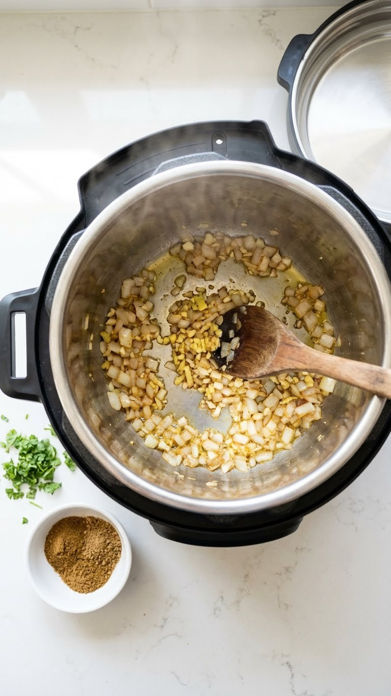 Top-Down Shot Of Diced Onions, Ginger, And Garlic Sizzling Golden In An Instant Pot, With Spices And A Wooden Spoon.