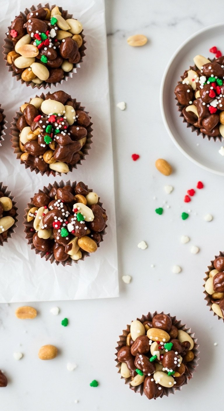 Top-Down Shot Of Slow Cooker Chocolate Peanut Clusters In Festive Paper Liners On A White Marble Surface.