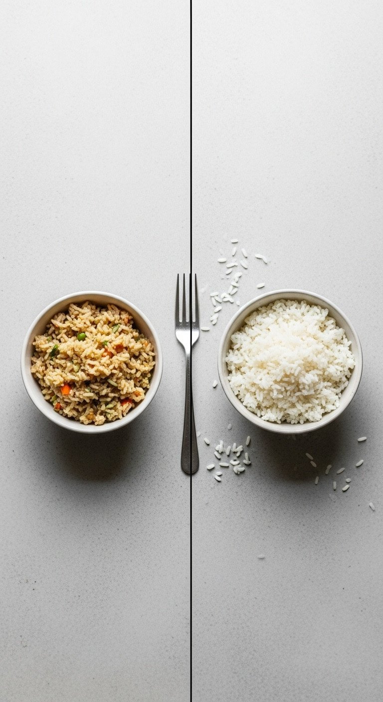 Top-Down View Comparing Two Bowls Of Rice: One With Mushy, Overcooked Grains And One With Perfectly Fluffy Rice.