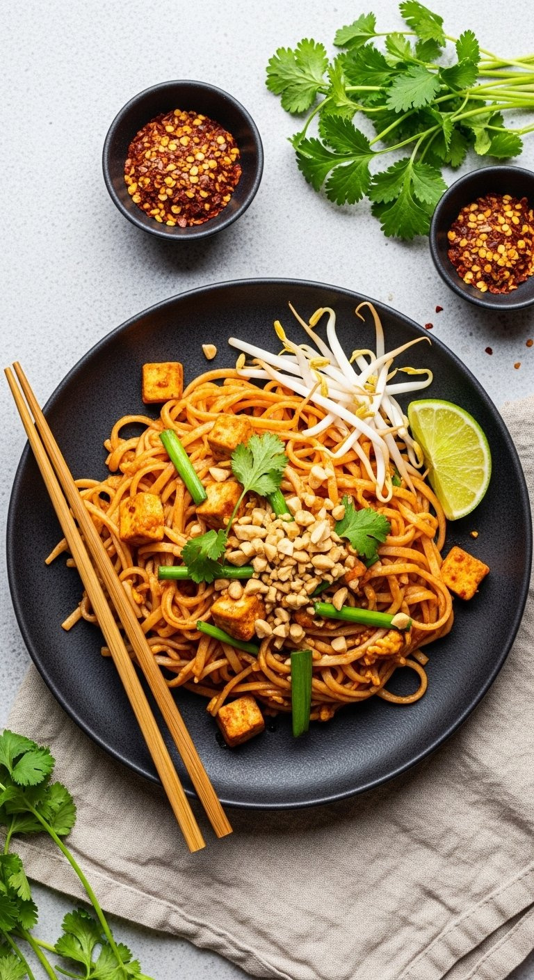 Top-Down View Of Chicken Pad Thai With Noodles, Chicken, Tofu, Crushed Peanuts, And Lime Wedge On A Dark Plate.