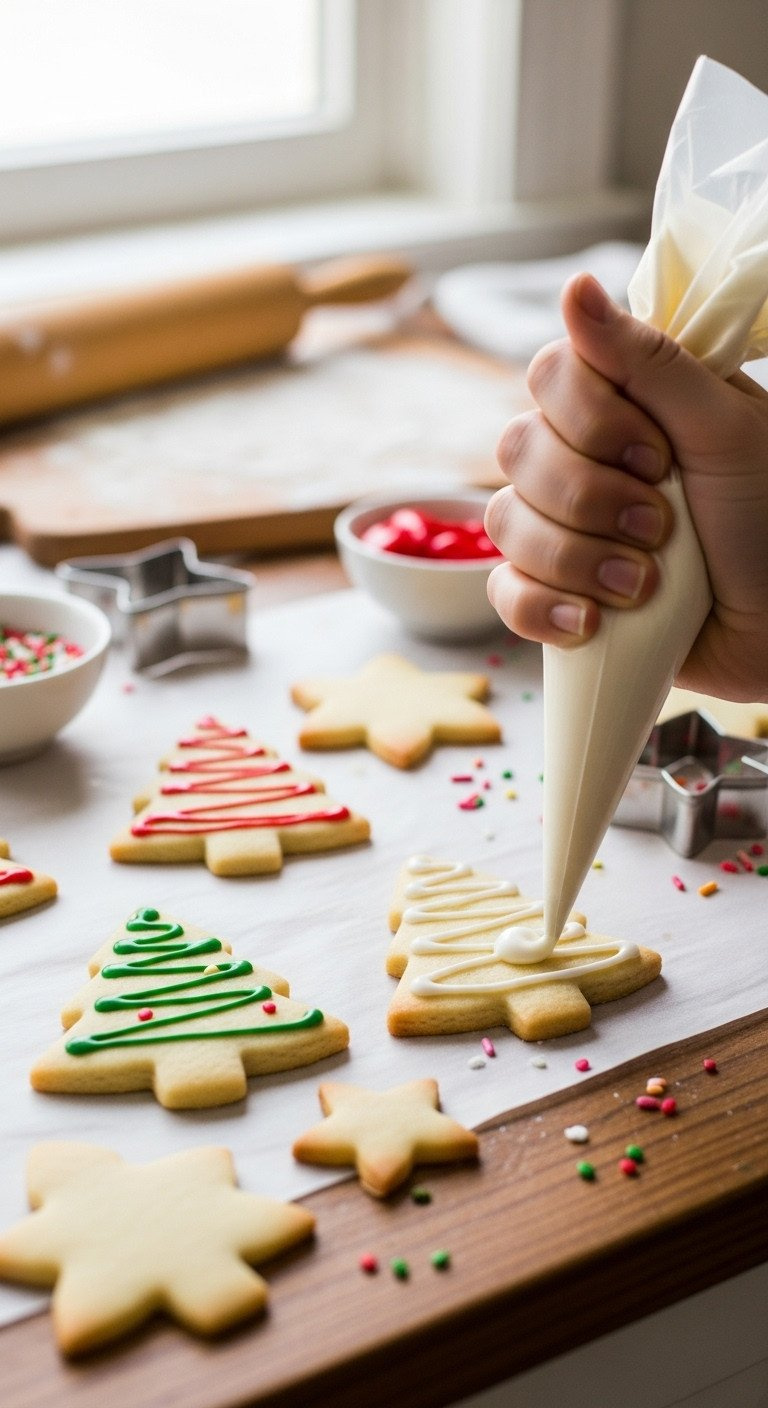 Top-Down View Of Christmas Sugar Cookies Being Decorated With White Royal Icing On A Rustic Wooden Table With Festive Sprinkles.