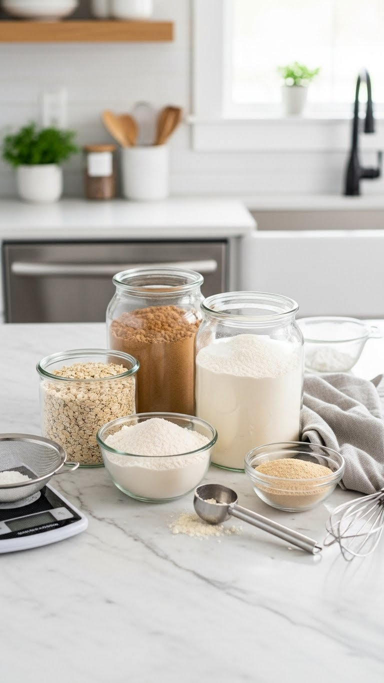 Top-Down View Of Trim Healthy Mama Baking Blend Ingredients In Glass Jars With Oat Fiber, Almond Flour, Coconut Flour, And Collagen Powder On Marble Countertop