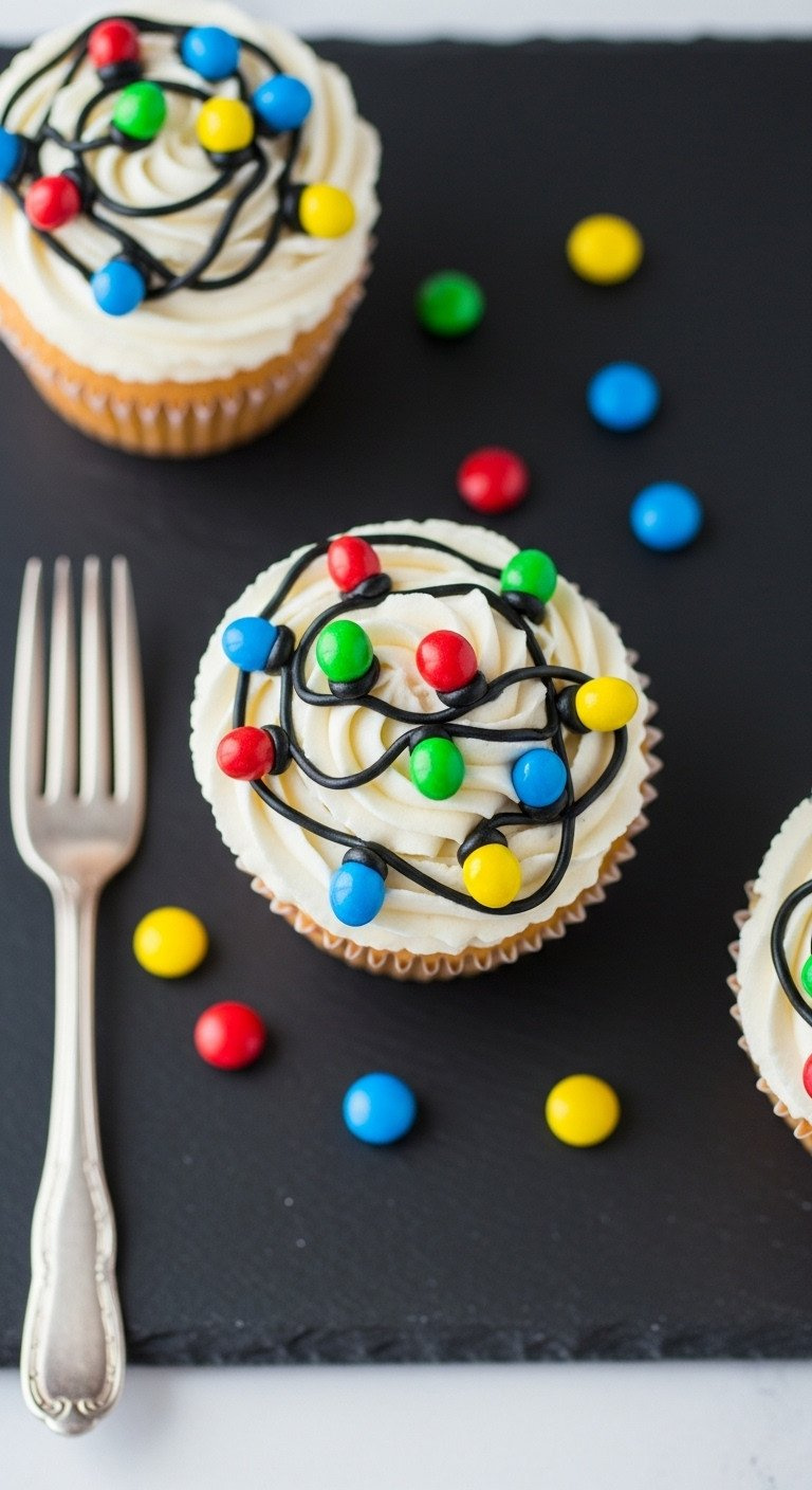 Top-Down View Of A Christmas Cupcake With M&Amp;M Lights And Black Icing Wire On Swirled White Frosting On A Slate Surface.