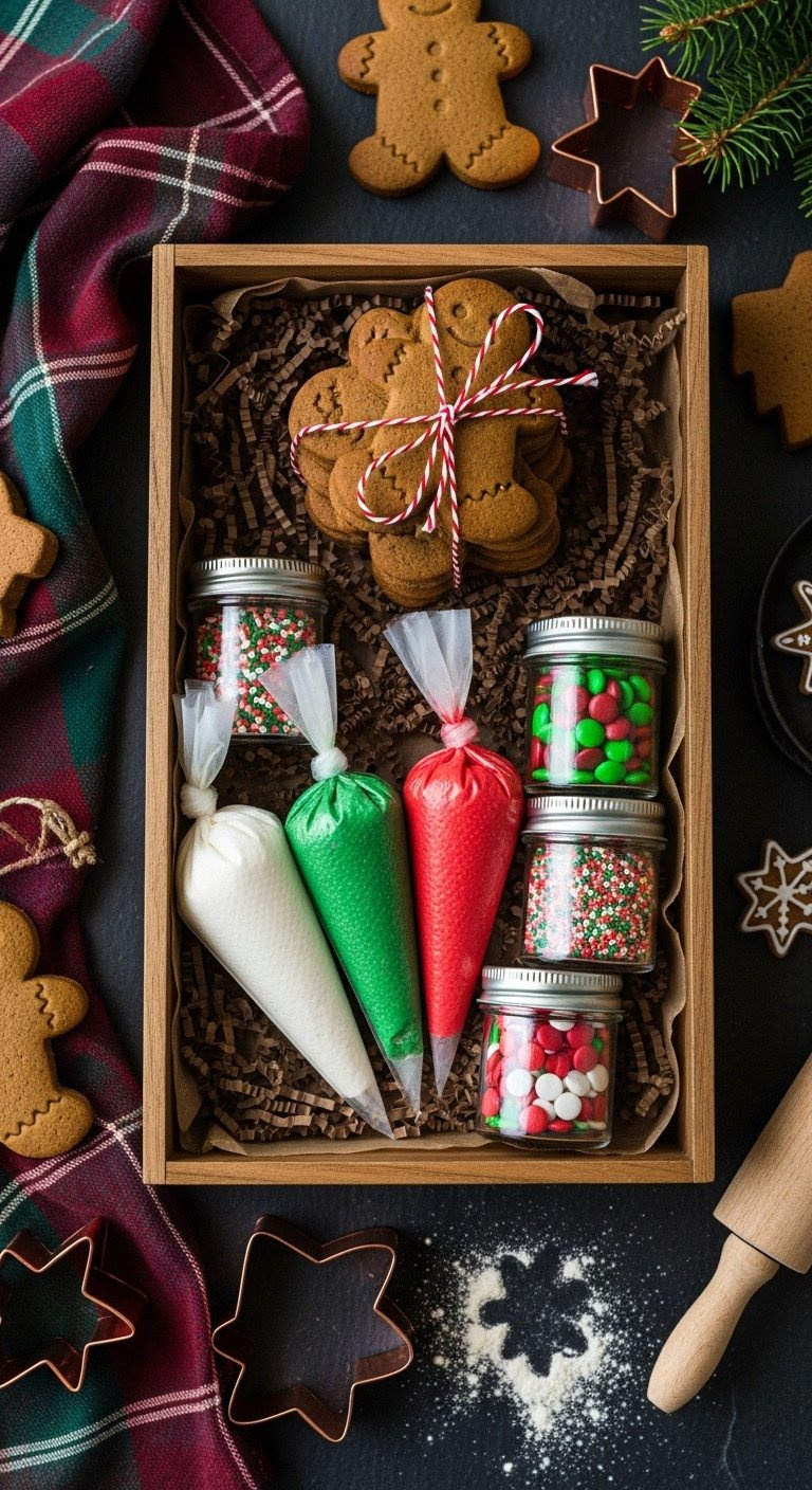 Top-Down View Of A Diy Gingerbread Cookie Decorating Kit In A Wooden Box With Cookies, Icing, And Sprinkles On Slate.