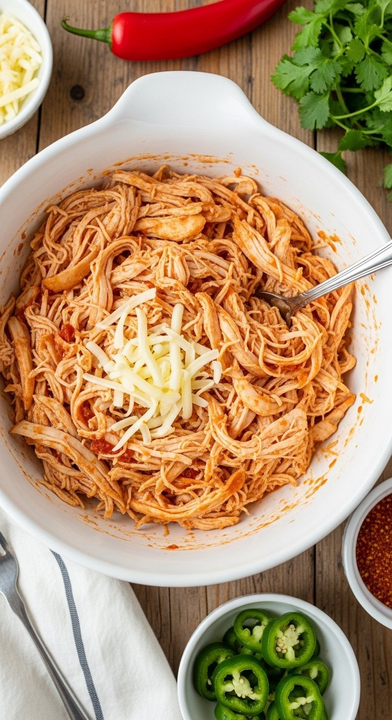 Top-Down View Of A Bowl Filled With Shredded Chicken, Monterey Jack Cheese, And Red Sauce Mixture.