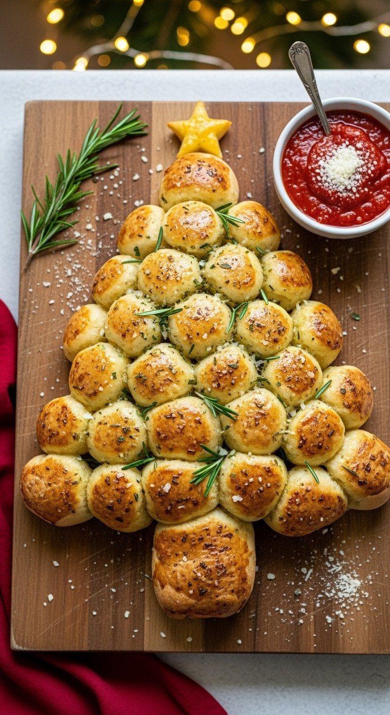 Top-Down View Of A Festive Christmas Tree Pull-Apart Bread With Cheese And Garlic Butter, A Fun Holiday Appetizer Recipe.