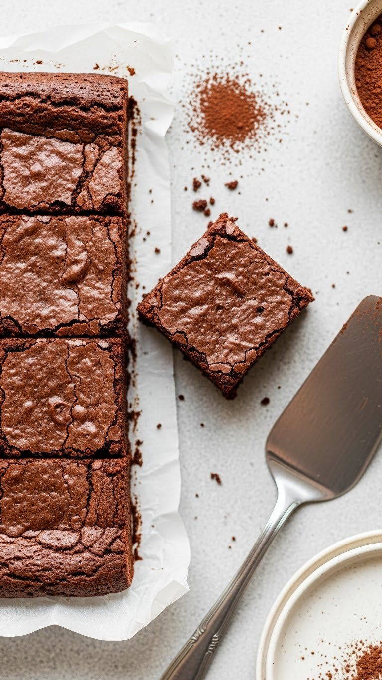 Top-Down View Of A Fudgy Dark Chocolate Brownie Square With A Shiny, Crackled Top Crust, Dusted With Cocoa.