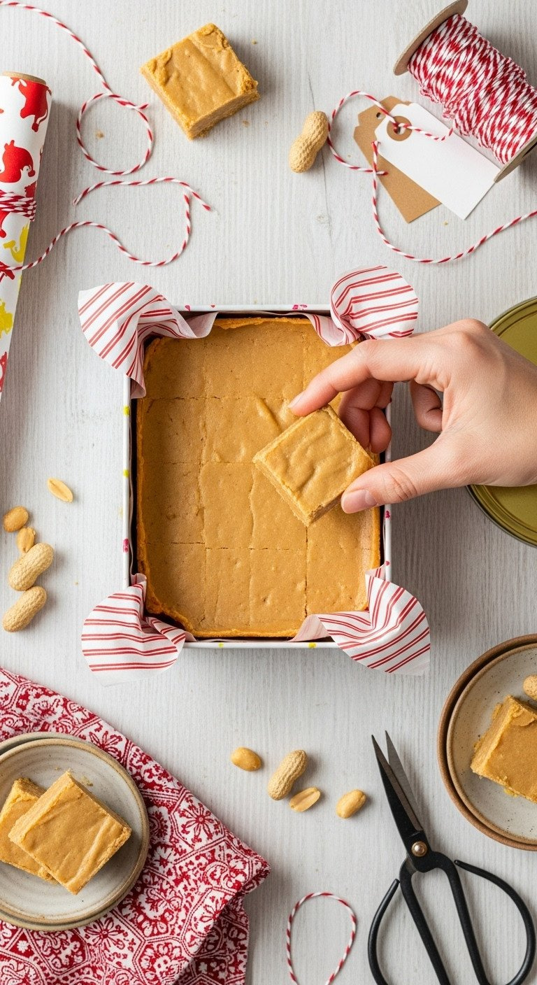 Top-Down View Of A Hand Placing Creamy Peanut Butter Fudge Squares Into A Festive Holiday Gift Tin With Red Ribbon.