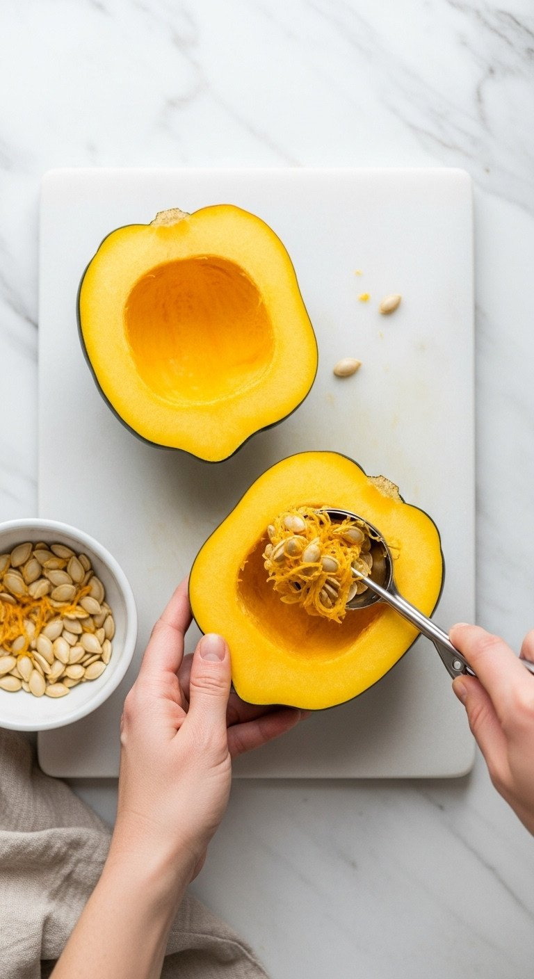 Top-Down View Of A Hand Using A Metal Spoon To Scoop Seeds From A Halved Acorn Squash On A Countertop For Recipe Preparation.