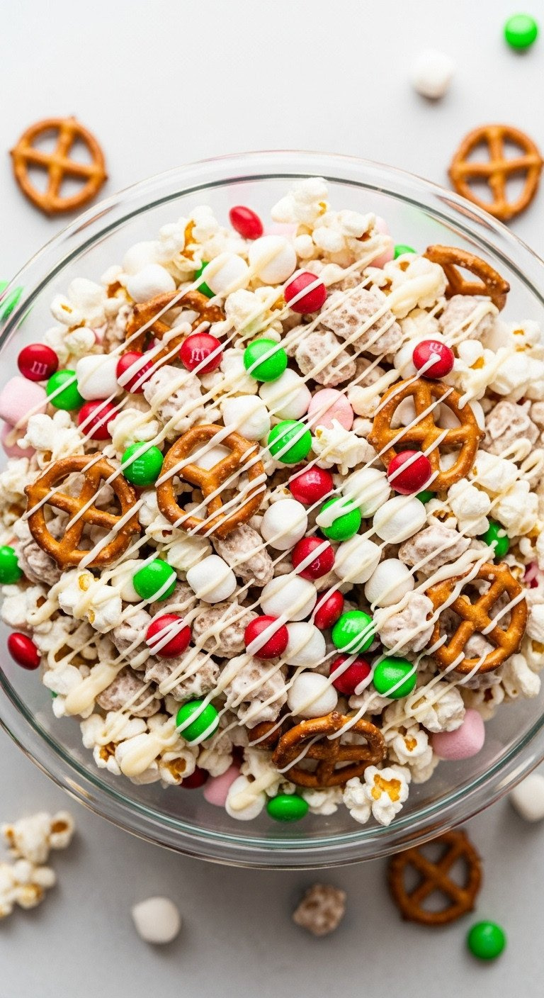 Top-Down View Of A Large Glass Bowl Filled With Holiday Popcorn Mix With Pretzels, M&Amp;M's, And White Chocolate Drizzle.